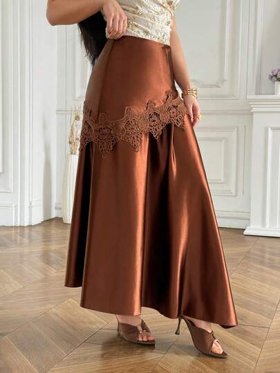 Modelyn Falda elegante y de moda de unicolor con encaje de contraste para mujer