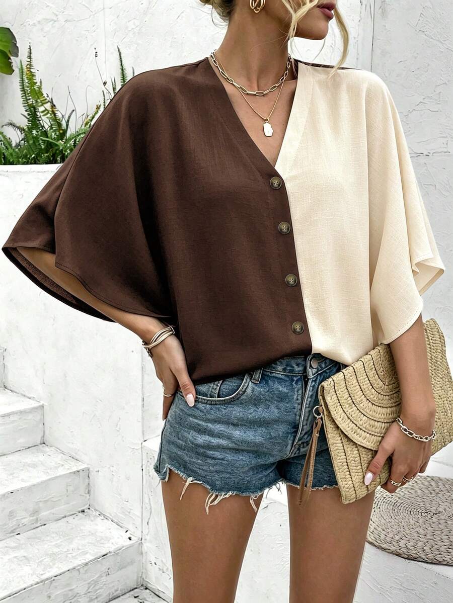 SHEIN 女款全棕色系夏季休閒優雅日常配色V領蝙蝠袖插肩袖鈕扣裝飾度假海灘度假村百搭上衣 - 彩色 - 查看 1