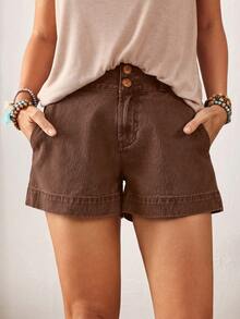 EMERY ROSE Women's Retro Solid Color Loose Fit Belted Straight Leg Denim Shorts, Summer - Coffee Brown - View 5