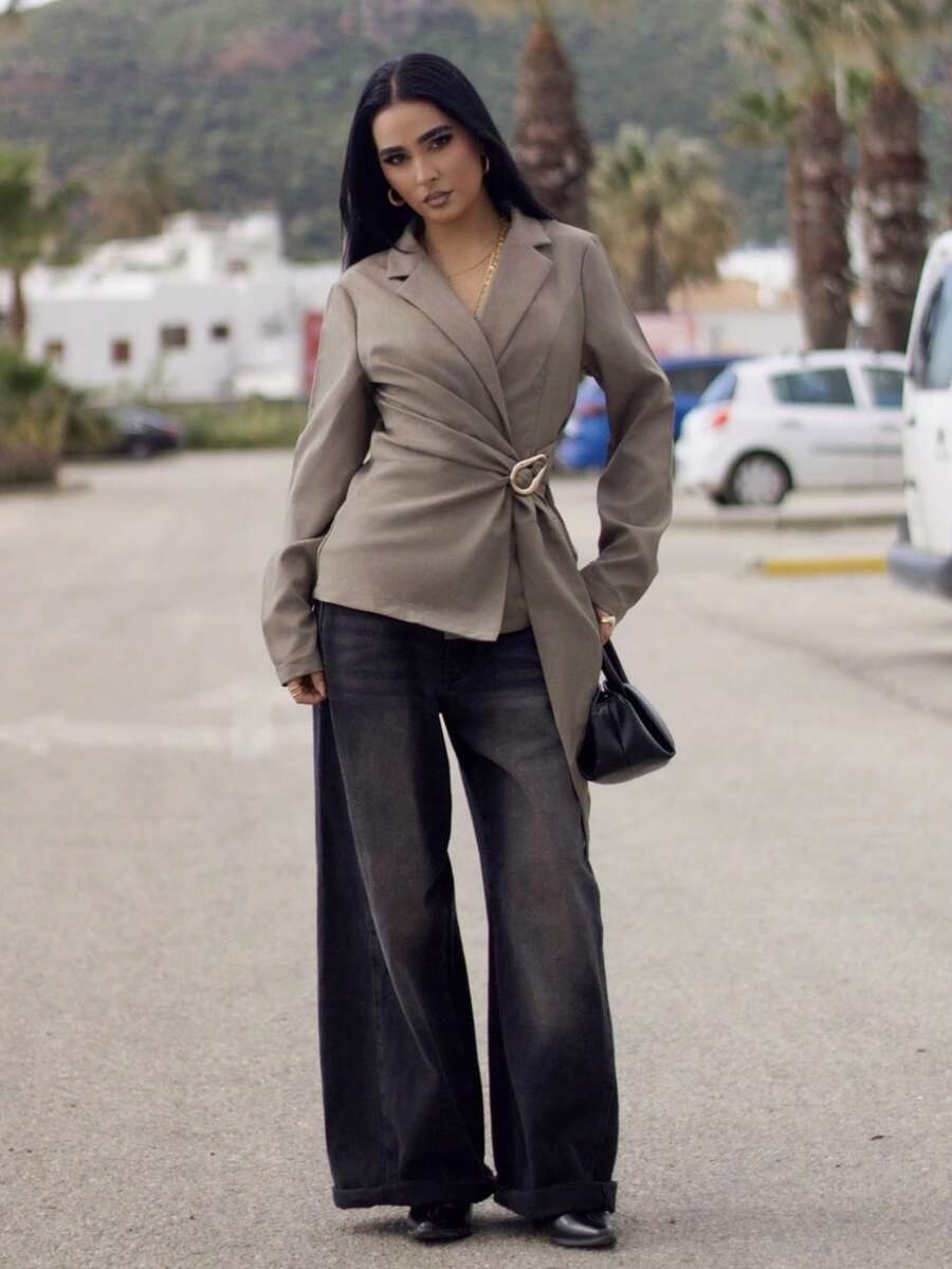 AfricaSnchz Women's Metal Decoration Brown Gray Imitation Linen Waist Suit Jacket/Fall Women Clothes/Fall Outfits Women /Fall Outfits/Back To School/Homecoming/Business Casual Woman /Old Money Style Women/Office Outfits For Women/Going Out Outfits,Fall Clothes For Women