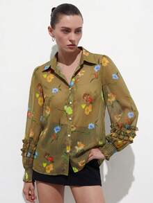Aveloria Modichic Elegant Random Chiffon Contrast Color Floral Print Layered Ruffle Cuff Long Sleeve Blouse - Brown - View 6