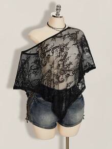 SHEIN ICON Áo khoác ren xuyên thấu gợi cảm dành cho phụ nữ cỡ lớn - màu đen - Xem 5