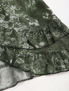Sweetra Women's Bohemian Vintage Printed Mesh Ruffle Strap Camisole - Army Green - View 5