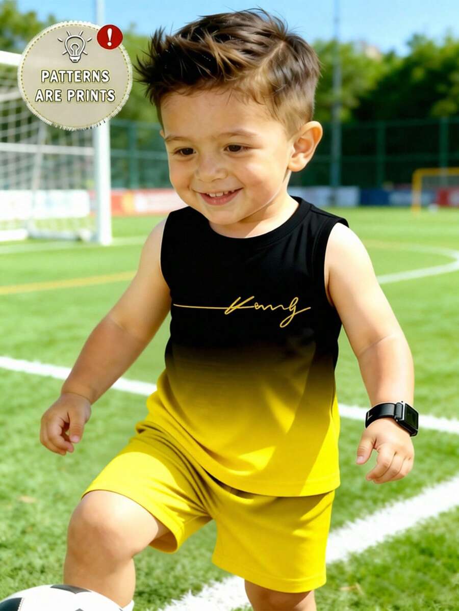 2pcs/Set Young Boy Streetwear Casual Logo Gradient Print Round Neck Tank Top & Logo Print Shorts Set, Suitable For Summer Outings - Multicolor - View 1