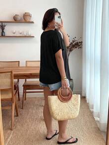 Hơn Ren tương phản Tay áo dơi Áo thun - màu đen - Xem 2