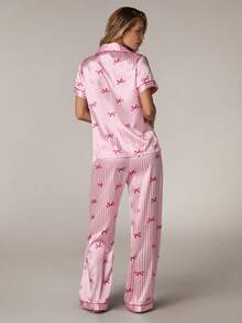 SHEIN BAE 女士仿丝条纹蝴蝶结领短袖睡衣套装 - 粉色 - 查看 2