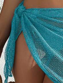 SHEIN Swim Holiday Solid Color Hollow Knit Tie Front Mini Cover-Up Skirt,Summer Beach - Baby Blue - View 4