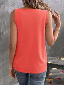 EMERY ROSE Fashionable Casual Basic Retro Neon Red V-Neck Sleeveless Top With Leopard Print Shoulder - Multicolor - View 2