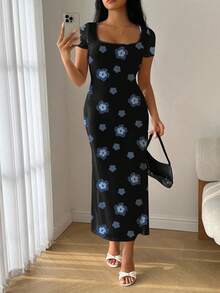 Modelyn Đầm mùa hè cỡ lớn, kiểu dáng thường ngày, in hoa, cổ vuông, tay ngắn. - Nhiều màu - Xem 4