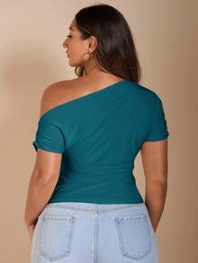 SHEIN BAE Plus Size Women's Off Shoulder Short Sleeve Black T-Shirt - Teal Blue - View 2
