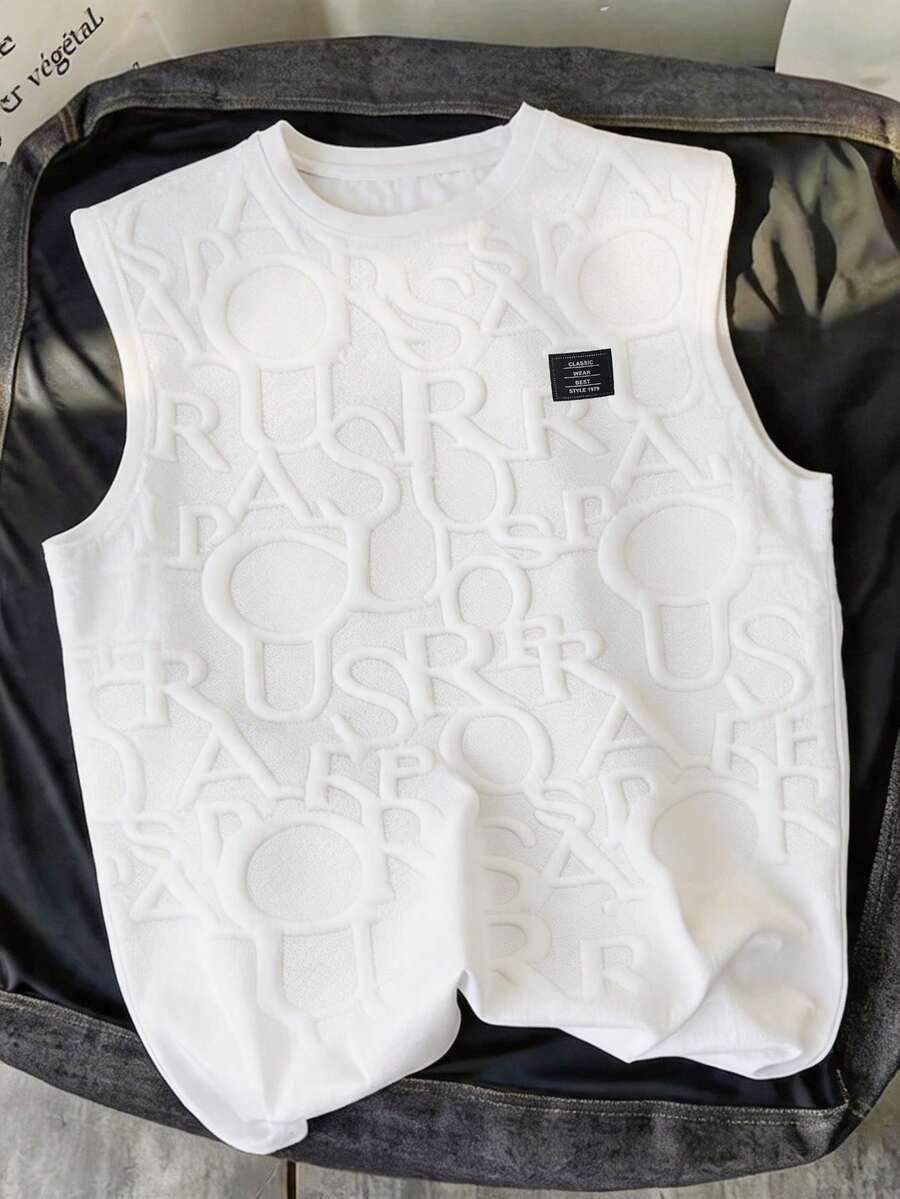 Manfinity Joysei 男士休闲纯色提花圆领背心，夏季 - 白色 - 查看 1