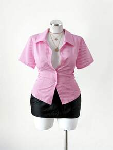 Sunspun Plus Size Women Striped Waist Casual Shirt - Pink - View 1