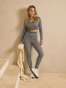 Aralina Leisurewear Lace Trim Long Sleeve Crop And Legging Active Gym Workout Two Pieces Women Set - Black and White - View 10