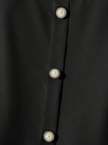 Franclia Women's Solid Color Ruffle Sleeve Round Neck Shirt, Yellow, Fashion Versatile French Style Short Pearl Button Decorated Blouse, Elegant Summer Top - Black - View 4