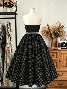 DreamSkyne Plus Size Women's Polka Dot Strapless Dress, French Retro Minimalist Sexy Elegant Casual Vacation Romantic Dress - Black - View 2