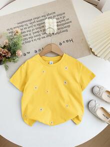 SHEIN LMoss Kids 女童刺绣宽松圆领休闲T恤 - 黃色 - 查看 4