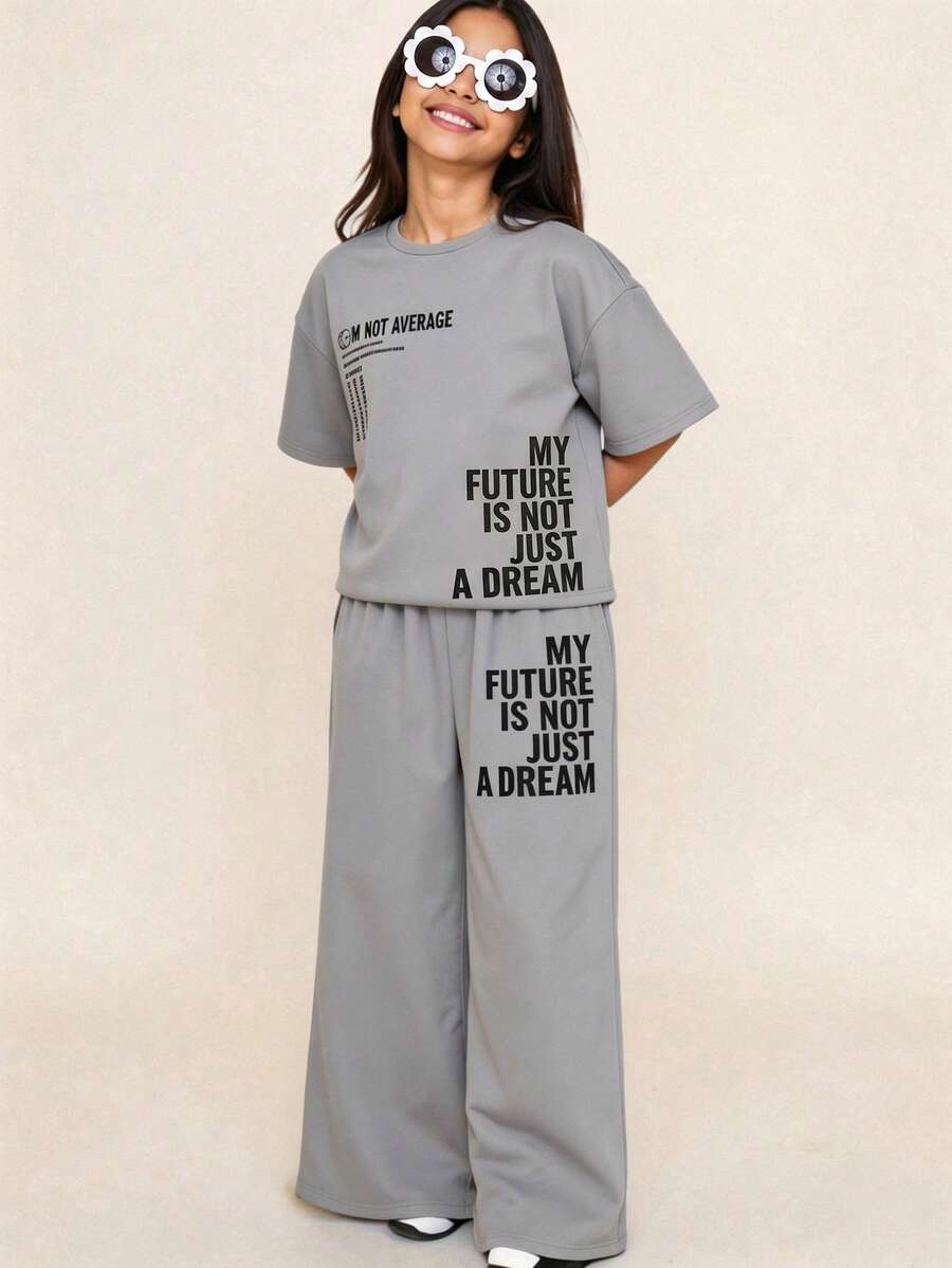 Tween Girl Loose Casual Comfortable Round Neck Patchwork Contrast Color T-Shirt And Pants Set Mothers Day Outfit Graduation Sets Suitable For Spring & Summer Daily, Outing, Vacation, Holiday Wear, Stylish Girls, Casual Wear, New Style, Homecoming, Chill Vibe Outfits, Back To School, Girly Style T Shirt - Grey - View 1