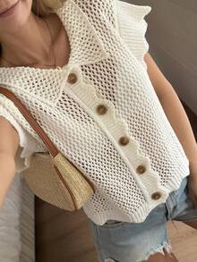 DAZY Women's Fashion Versatile Vacation Hollow Out Single-Breasted Knit Lightweight Cardigan - White - View 6