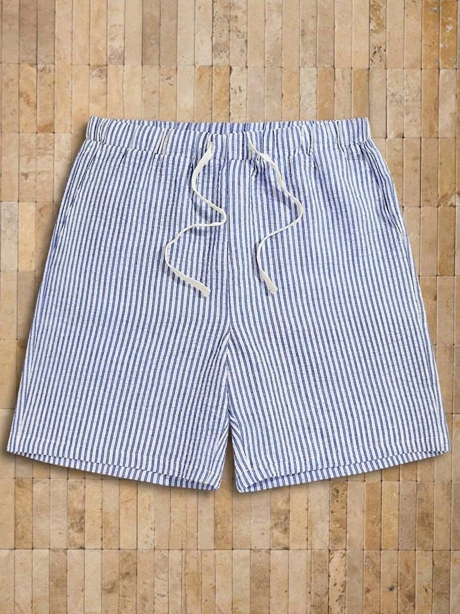 Men's Drawstring Waist Casual Woven Striped Summer Shorts - Black - View 1