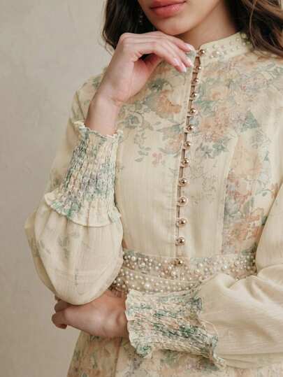 Anewsta Elegant Fashion Gradient Placement Print Collar Pearl Decor Flare Cuff Long Sleeve Dress For Women