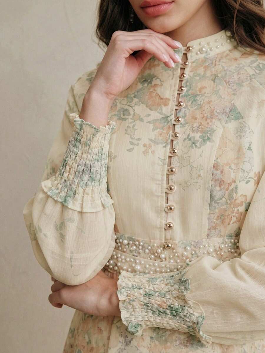 Anewsta Elegant Fashion Gradient Placement Print Collar Pearl Decor Flare Cuff Long Sleeve Dress For Women - Apricot - View 1