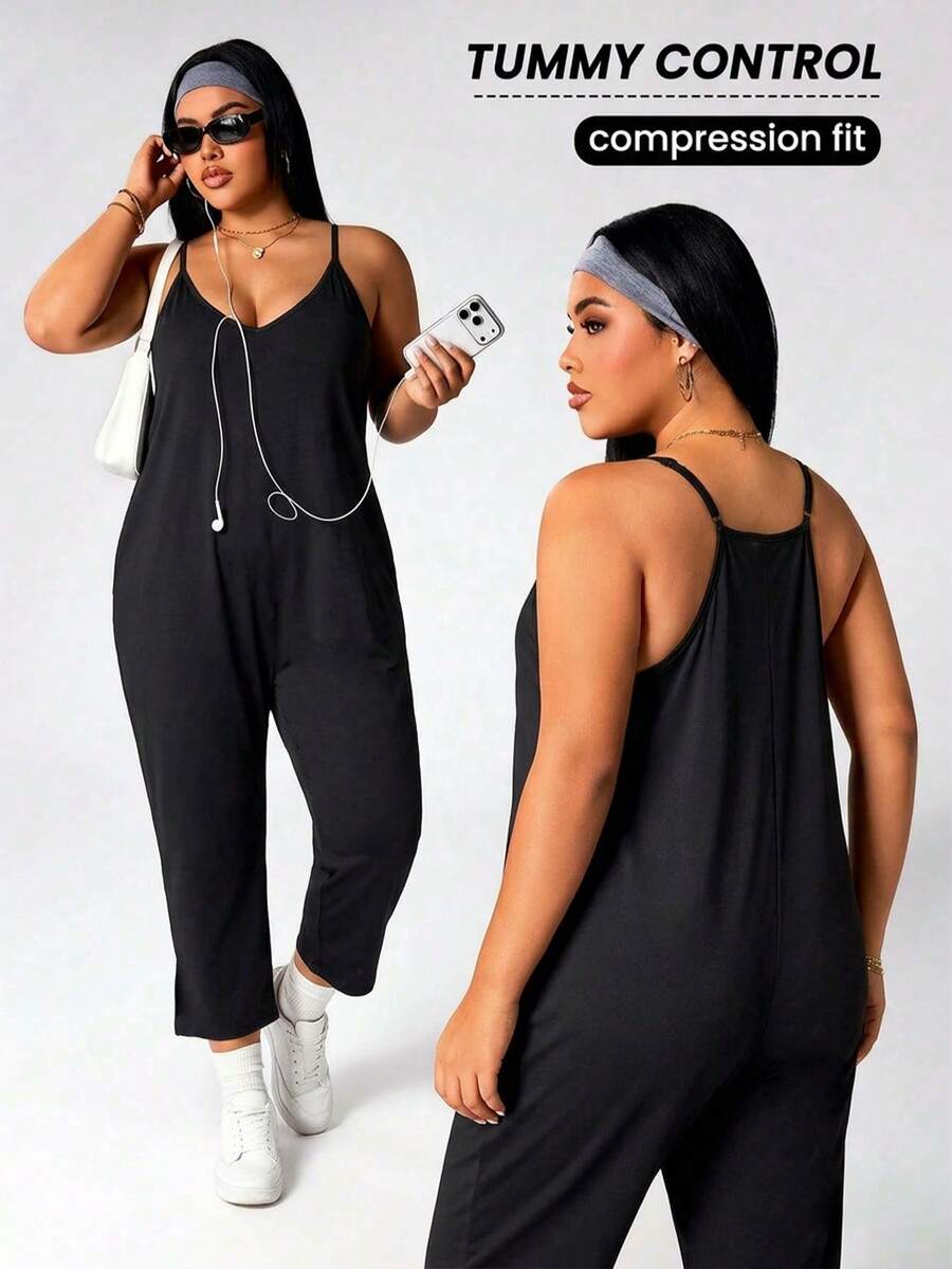 Rhythm Era Tuta casual senza maniche con pantaloni a gamba larga, in taglie comode, minimalista, adatta per yoga, fitness e attività all'aperto - nero - Visualizzare 1