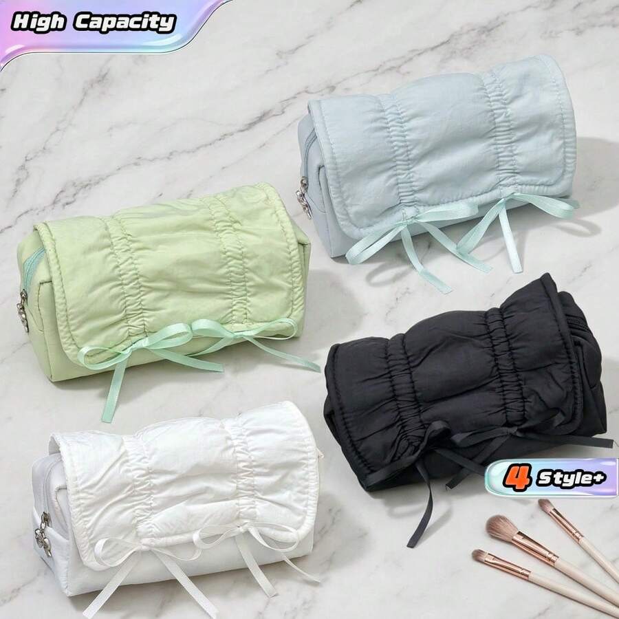 1 Pc Bowknot Ribbon Pencil Case, 4 Colors(White/Blue/Green/Black) Available, Large Capacity Stationery Pouch For School & Office Stationery Storage. - Bow - View 1