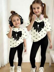 Conjunto de camiseta corta y leggings para niñas bebé de primavera y verano, con estampado de mariposa, lazo negro y base blanca, de estilo casual y minimalista, cómodo para el uso diario, adecuado para las temporadas de primavera, verano y otoño - Multicolor - Ver 3