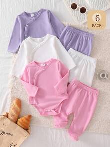SHEIN 6pcs/Set Newborn Baby Boys/Girls Solid Color Soft Knit Round Neck Long Sleeve Top And Elastic Waist Pants Set, Comfortable Soft Fabric - Multicolor - View 3