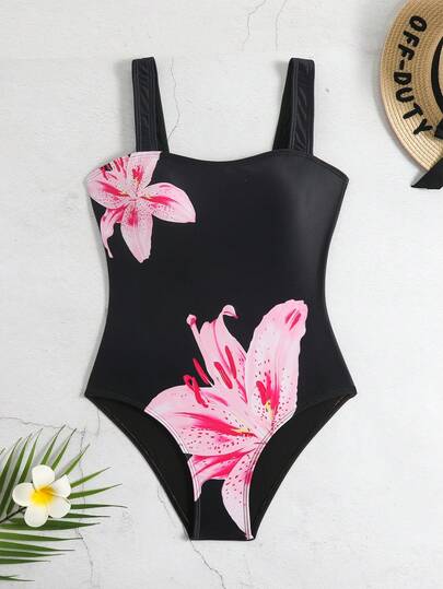 SHEIN 少女碎花印花连体泳衣，适合海滩度假、泳池派对、沙滩派对
