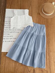 Emery Rose Kids Emery Rose Kids 2件套少女纯色梭织方领荷叶边休闲吊带背心和长裤套装 - 霧霾藍 - 查看 2
