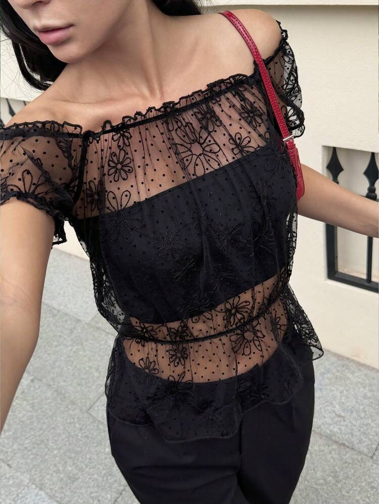 Women's Floral Polka Dot Mesh Off-Shoulder Top