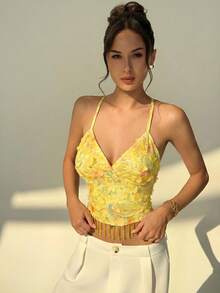 Aloruh Women 3D Floral Decor Fringe Hem Camisole Top,Summer Top - Yellow - View 3