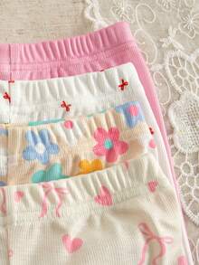 4pcs Baby Girls' Casual Everyday All-Match Rainbow, Floral & Striped Print Bottoms, Spring/Summer - Multicolor - View 5