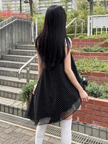 FRIFUL Women's Summer Casual Polka Dot Print Mesh Patchwork Asymmetric Hem Camisole - Black - View 3
