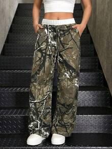 SHEIN Quần jeans ống rộng kẻ sọc xanh trắng dáng suông thời thượng Y2K dành cho nữ tuổi teen, với cạp quần tương phản và thiết kế 2 trong 1. - Nhiều màu - Xem 3