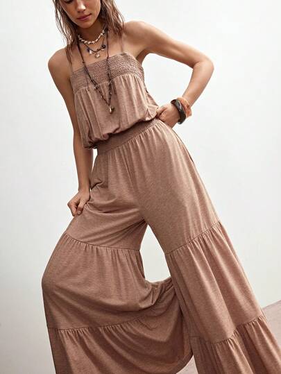 Bohemela Boho Spring/Summer Casual Loose Women's Jumpsuit Made Of Solid-Color Knitted Fabric, Featuring A Roman-Style Ruffle Design. Perfect For Valentine's Day,Western Country–Style Music Festival Outfits, Holiday Wear, Beach Vacation