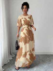 Modelyn Women's Elegant Round Neck Ruffle Flare Sleeve Fitted Flowy Maxi Chiffon Dress, Spring/Summer - Multicolor - View 4