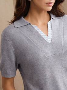Anewsta Women's Knit Patchwork Short Sleeve Top - Light Grey - View 2