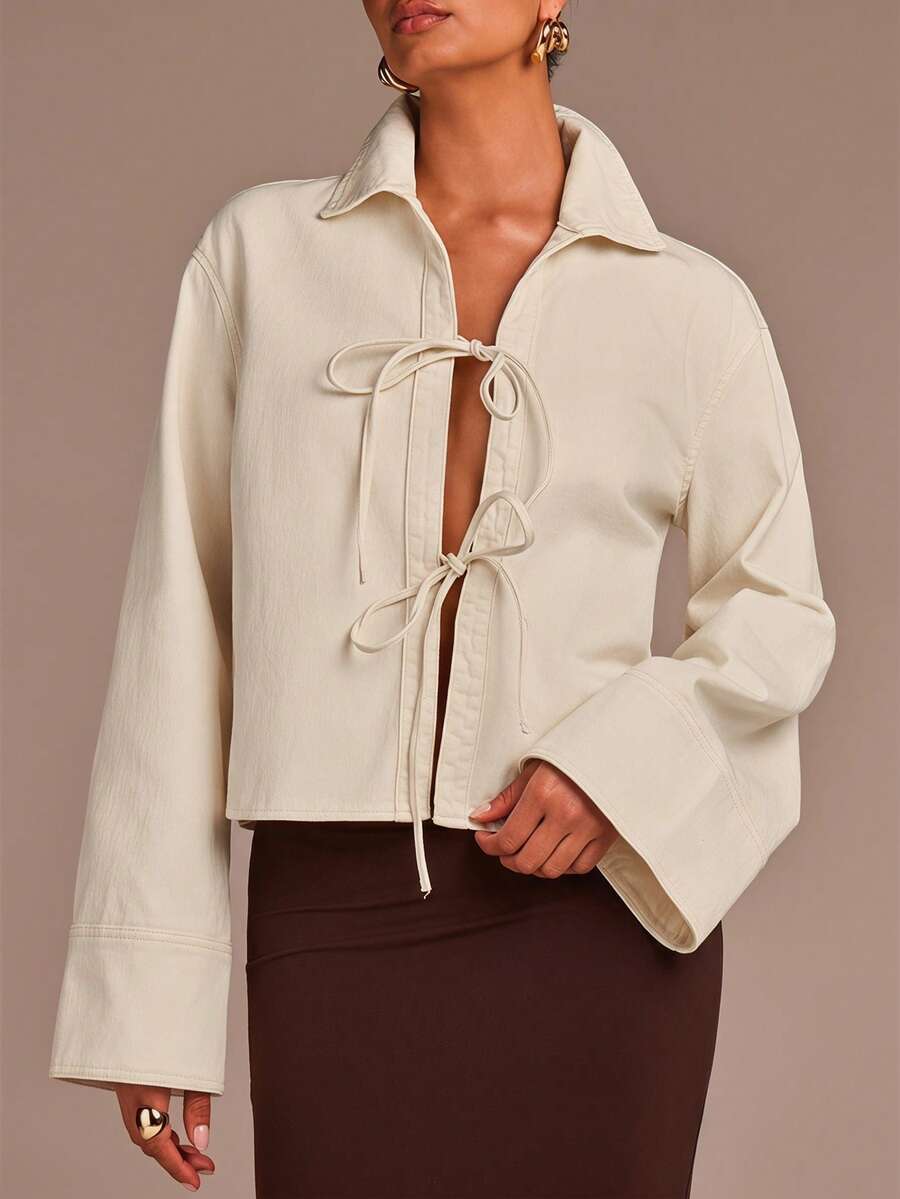 COSMINA Denim 女士优雅宽松长袖衬衫,领口系带,米色牛仔衬衫,百搭款式,适合工作、休闲、约会、度假等场合。 - 杏色 - 查看 1