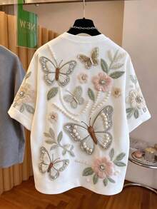 Airaco 大码女式多功能蝴蝶花朵图案圆领短袖T恤 - 白色 - 查看 2
