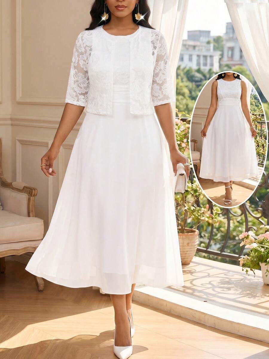 SHEIN Lady Women's Floral Lace Front Open Blouse And Sleeveless Dress Elegant 2 Pieces Set - White - View 1