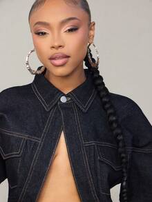 Chaqueta vaquera corta con dobladillo redondeado, moda urbana - Azul lavado oscuro - Ver 7