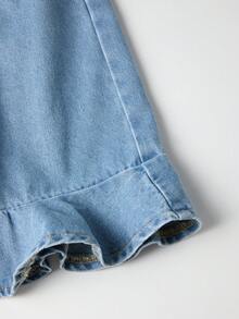 GlowEve Bộ jumpsuit denim nữ mùa hè dáng rộng, không tay, cổ ve lật, viền bèo nhún. - Màu xanh lam - Xem 5