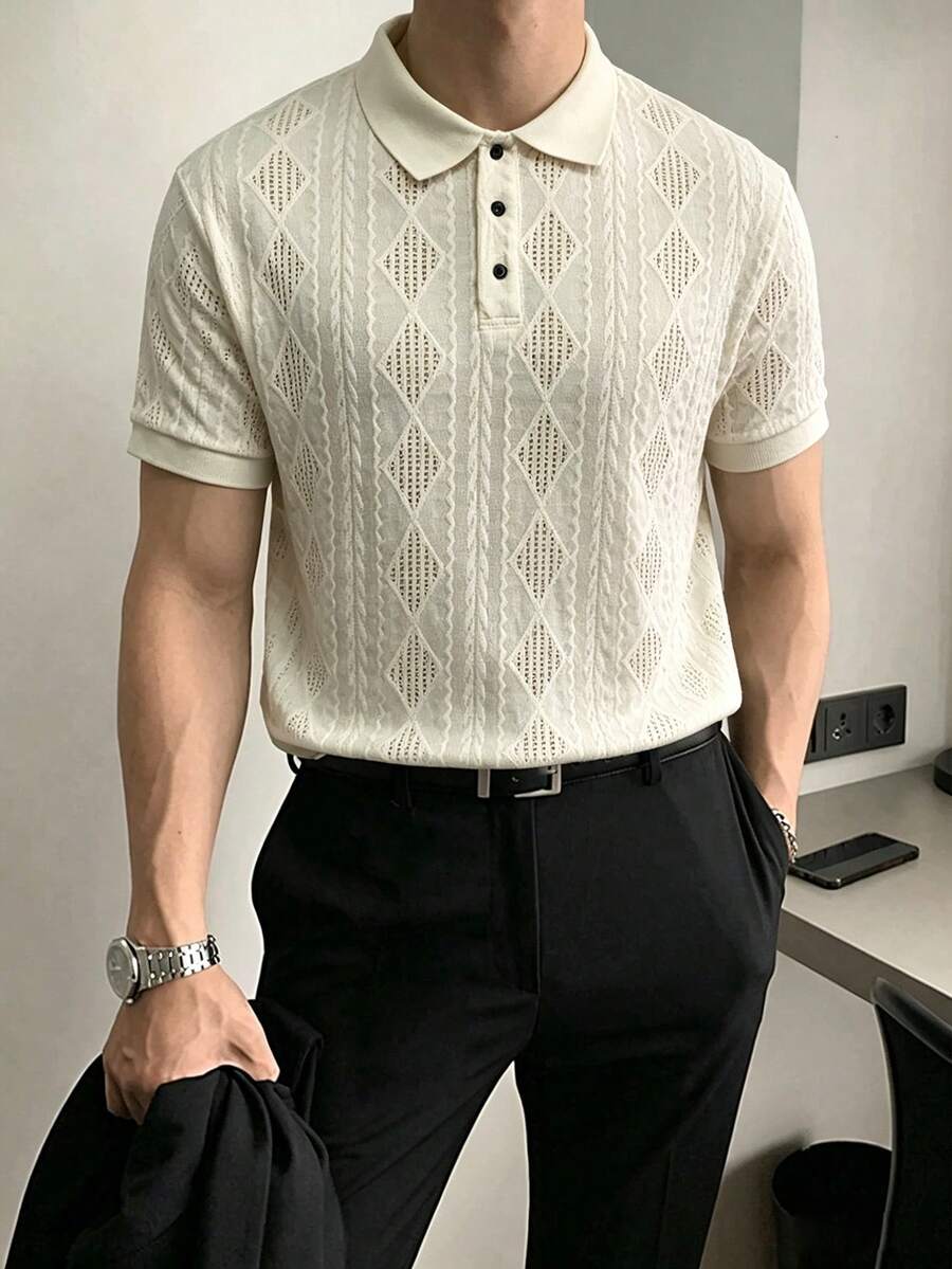 Manfinity Homme 男士休闲通勤纽扣 Polo 衫 - 米色 - 查看 1