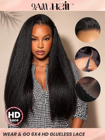 TrueHD 9am Hair Store Wear And Go Glueless Kinky Straight 6*4 HD Lace Closure Wig Pre Cut & Pre Plucked With 180% Density 8-16 Bob Inch 18-30 Inch Long Hair Natural Color Human Hair Wig Top Quality Stylish Wig Beginners Friendly Hair Accessories For Women Glueless Frontal Wigs Weaves Human Hair Vacation Essentials Halloween Costume
