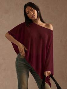 SHEIN BAE 女士夏季时尚纯色不对称衬衫 - 酒紅色 - 查看 4
