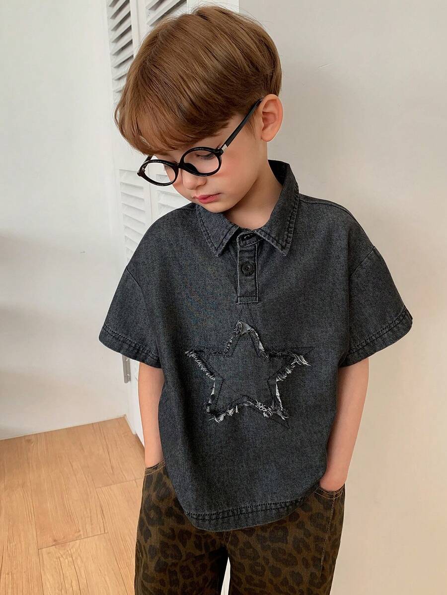 Dazy Kids 小男孩寬鬆休閒牛仔 T 恤,星星圖案,夏季 - 深灰色 - 查看 1