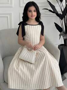 SHEIN Tween Girl Elegant Commute & Vacation Casual A-Line Striped Dress - Black - View 2