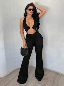 SHEIN SXY 性感豹纹露背深V领无袖长款喇叭裤连体裤，街头风和夜店风 - 黑色 - 查看 4